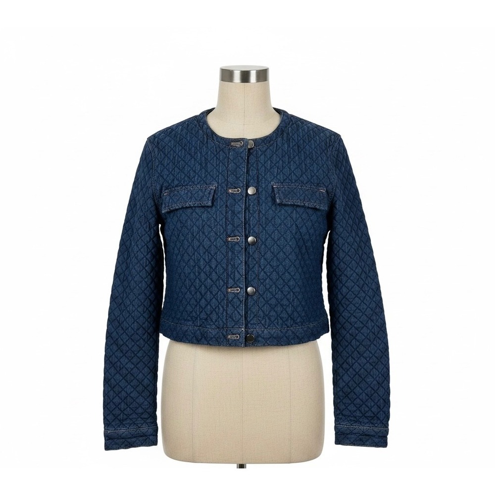 Cider Quilted Denim Jacket Blue Cropped Button Up Women Small